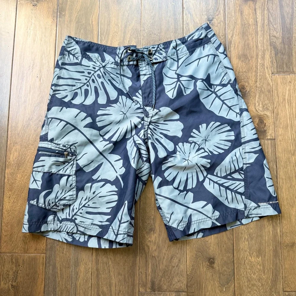 Columbia Board‎ Shorts Mens 34 Blue Excellent Tropical Leaf Print Omni-Shade